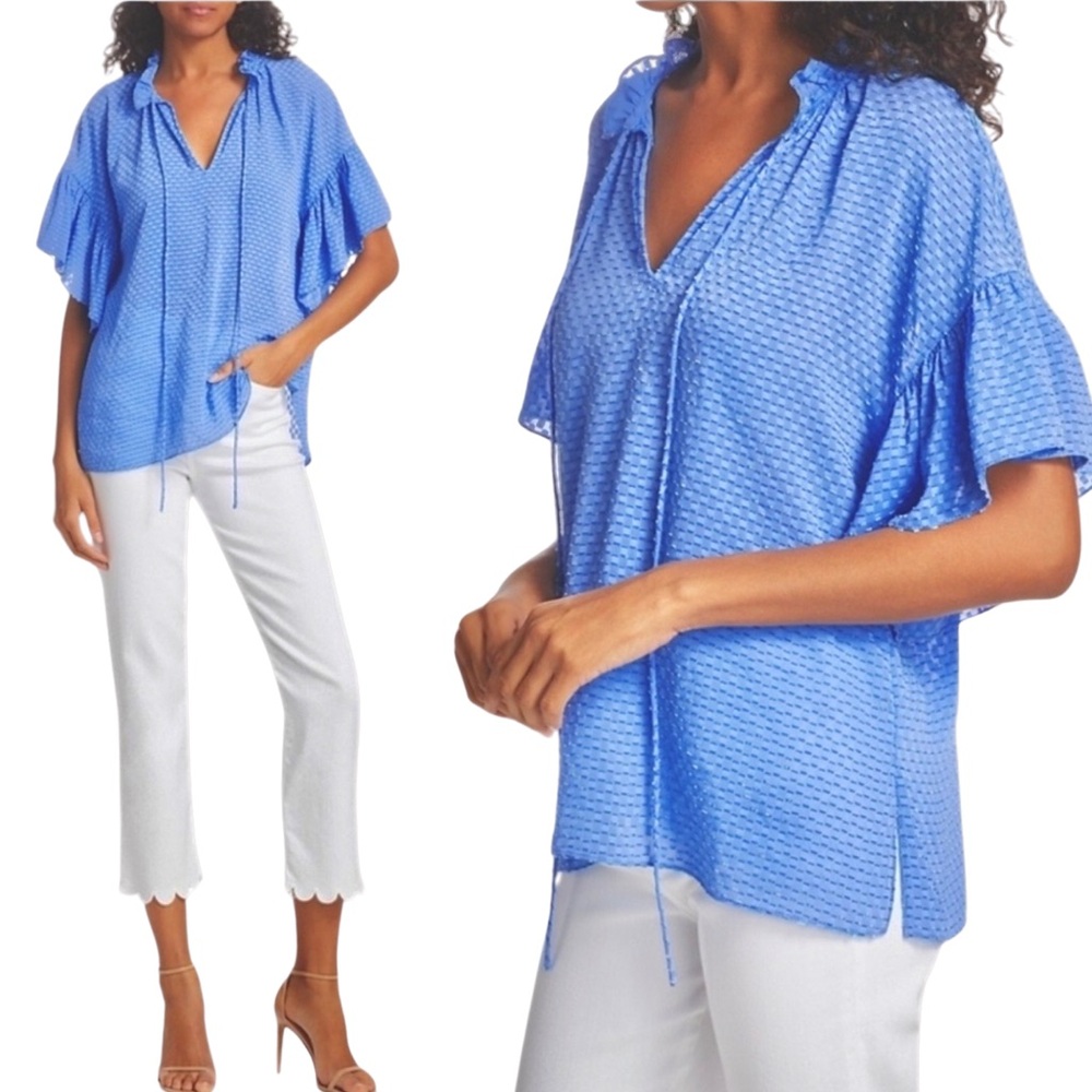 ALICE + OLIVIA Julius Ruffle Peasant Blouse Blue Top Solid Swiss
Dot‎ Ties - Picture 2 of 16